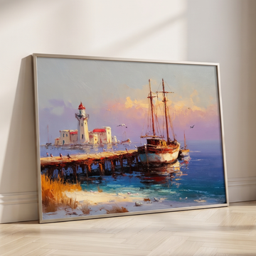 Coastal Harbor Wall Art Sailing Boat Tranquil Morning Watercolor Painting. High Resolution Digital Download 300 DPI.