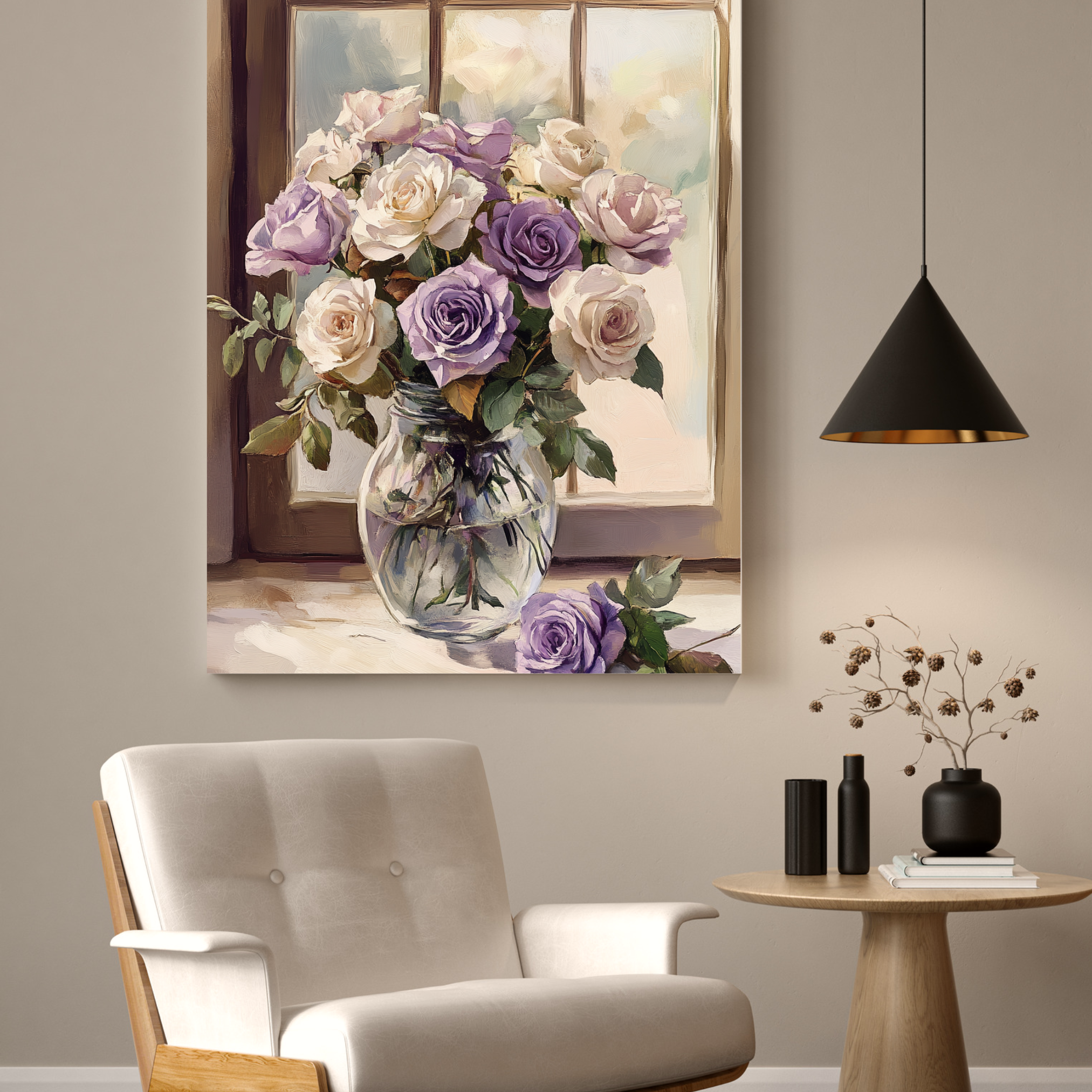 Romantic Floral Elegance: Purple and White Roses Illuminated by Soft Window Light. High Resolution Digital Download 300 DPI