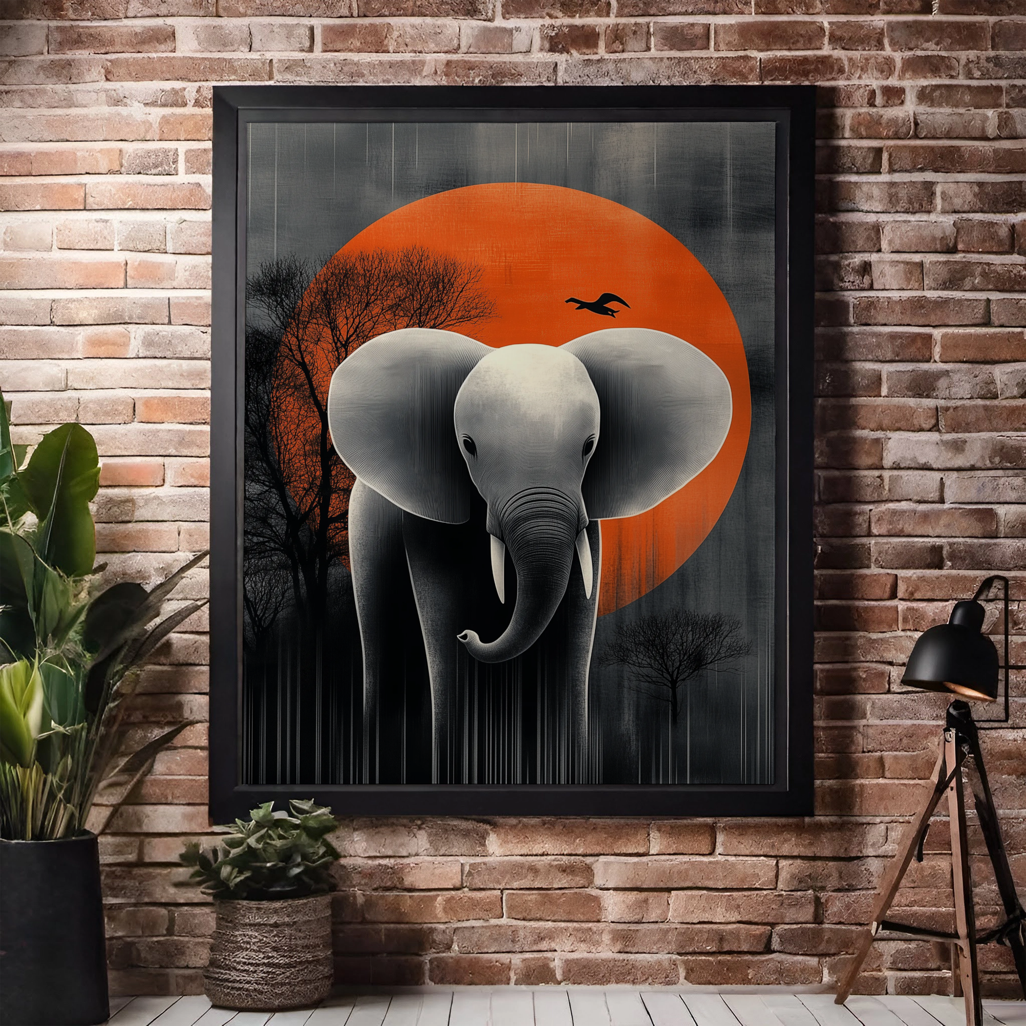 Graceful Elephant in Japanese Landscape: Minimalist Art with Orange Sun and Silhouettes. High Resolution Digital Download 300 DPI