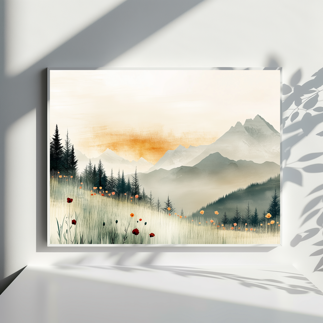 Mountain Landscape Wall Art Green Meadow Poppies Red Sunset. High Resolution Digital Download 300 DPI.