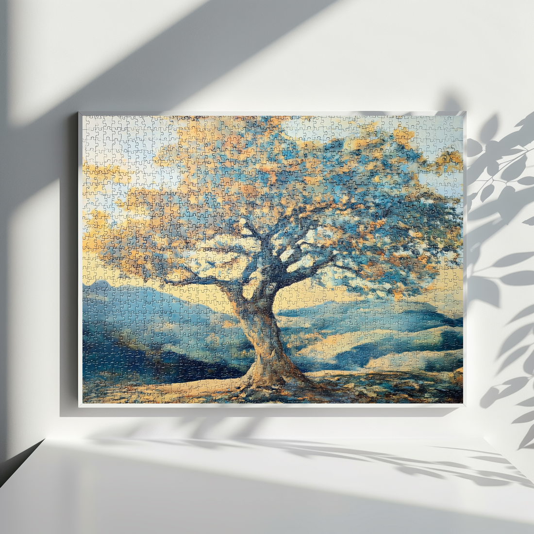 Tree Puzzle Landscape Wall Art in Warm Blue Beige Yellow Tones. High Resolution Digital Download 300 DPI.