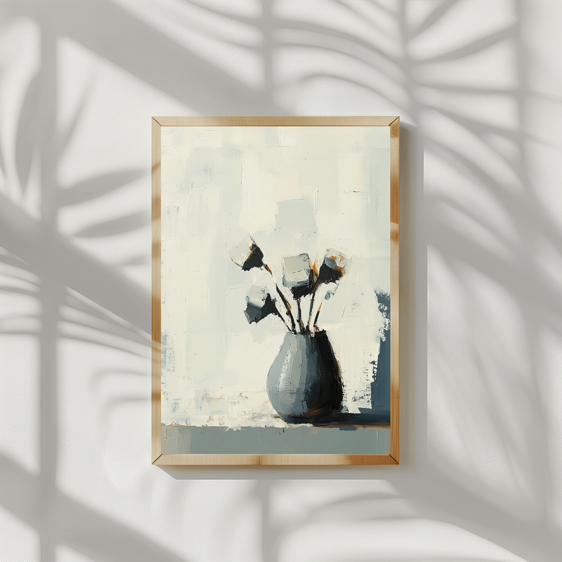 Abstract Grey Vase Wall Art Minimalist Floral Oil Painting White. High Resolution Digital Download 300 DPI.