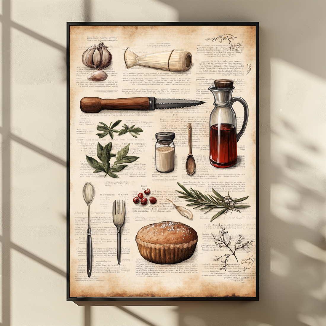 Vintage Baking Ingredients Wall Art Botanical Illustration Aged Book Style. High Resolution Digital Download 300 DPI.