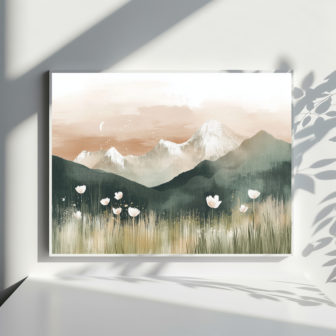 Magical Mountain Landscape Wall Art Green Meadow Poppies Evening Stars. High Resolution Digital Download 300 DPI.