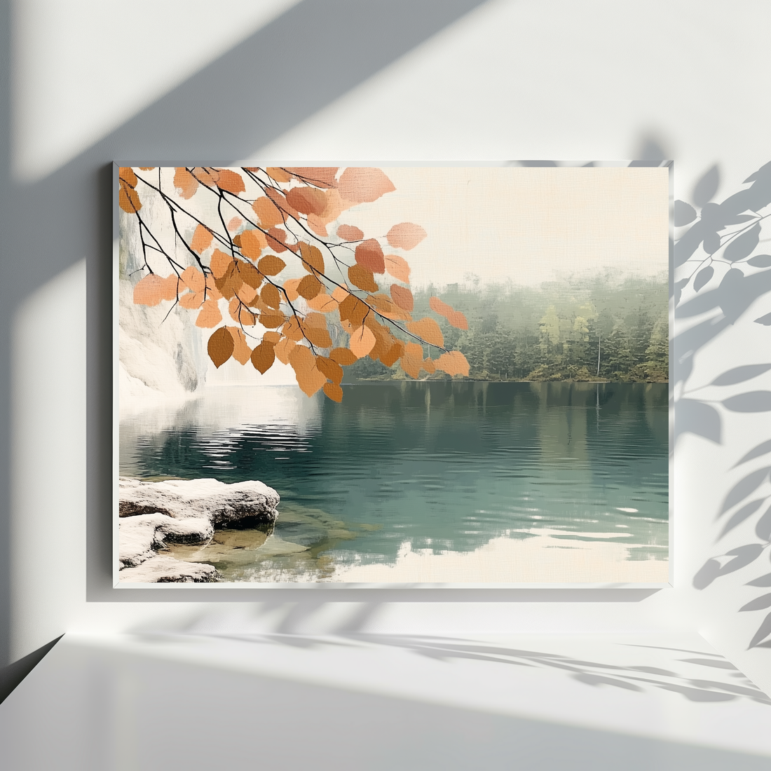 Autumn Leaves Lake Wall Art Golden Orange Waterfall Oil Painting. High Resolution Digital Download 300 DPI.
