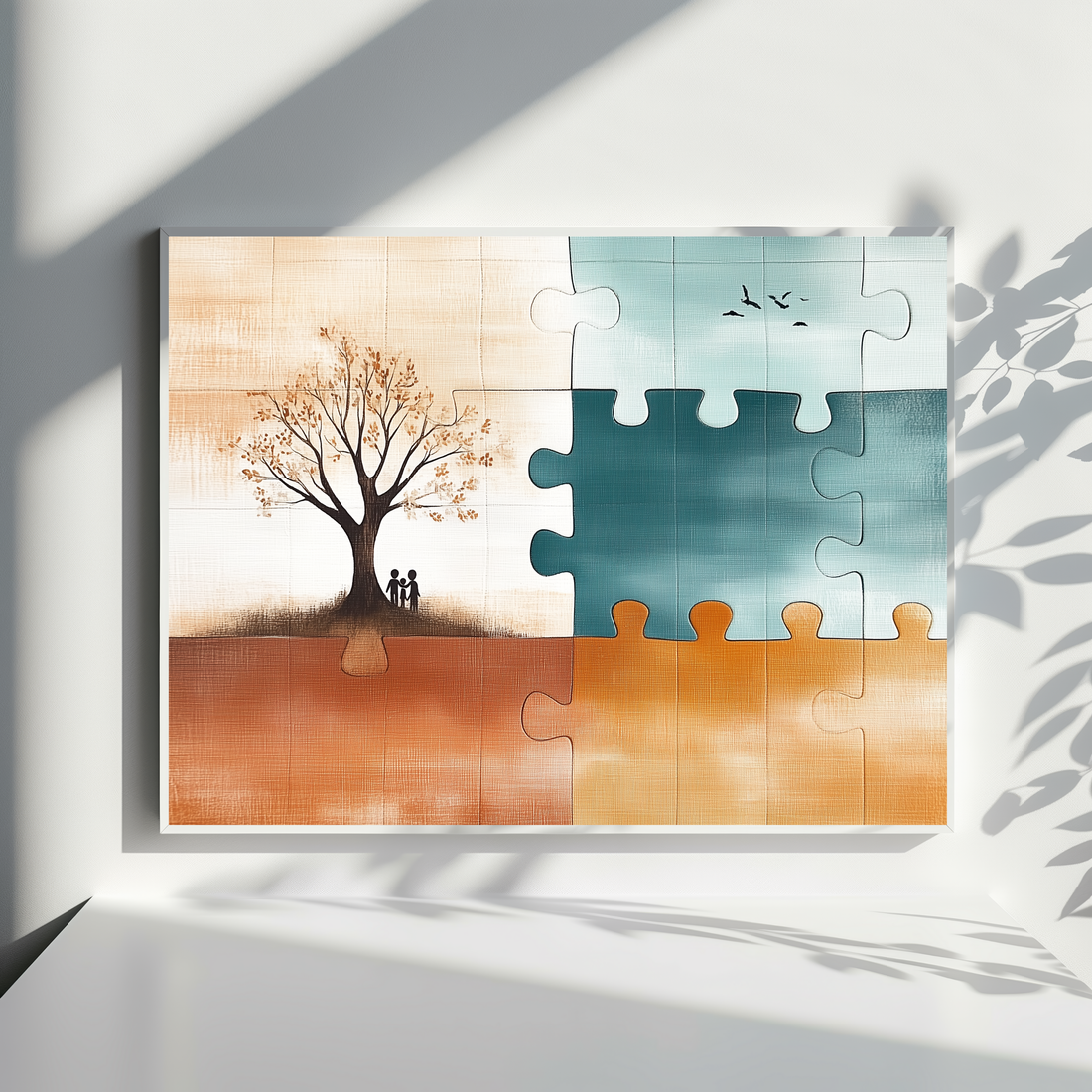 Abstract Puzzle Family Connection Wall Art in Warm Earth Tone Design. High Resolution Digital Download 300 DPI.