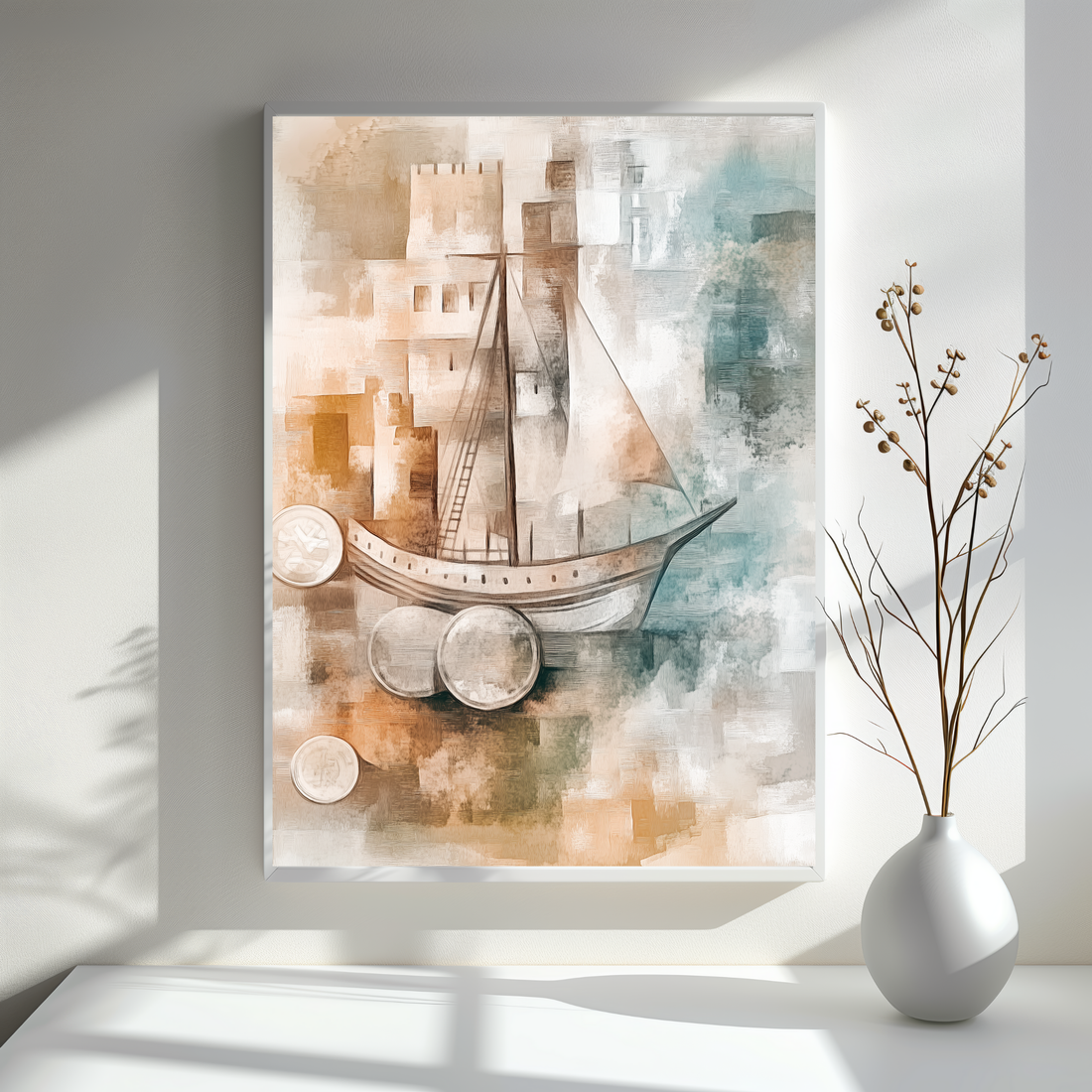 Vintage Sailing Ship and Castle Wall Art Nautical Historical Landscape Print. High Resolution Digital Download 300 DPI.
