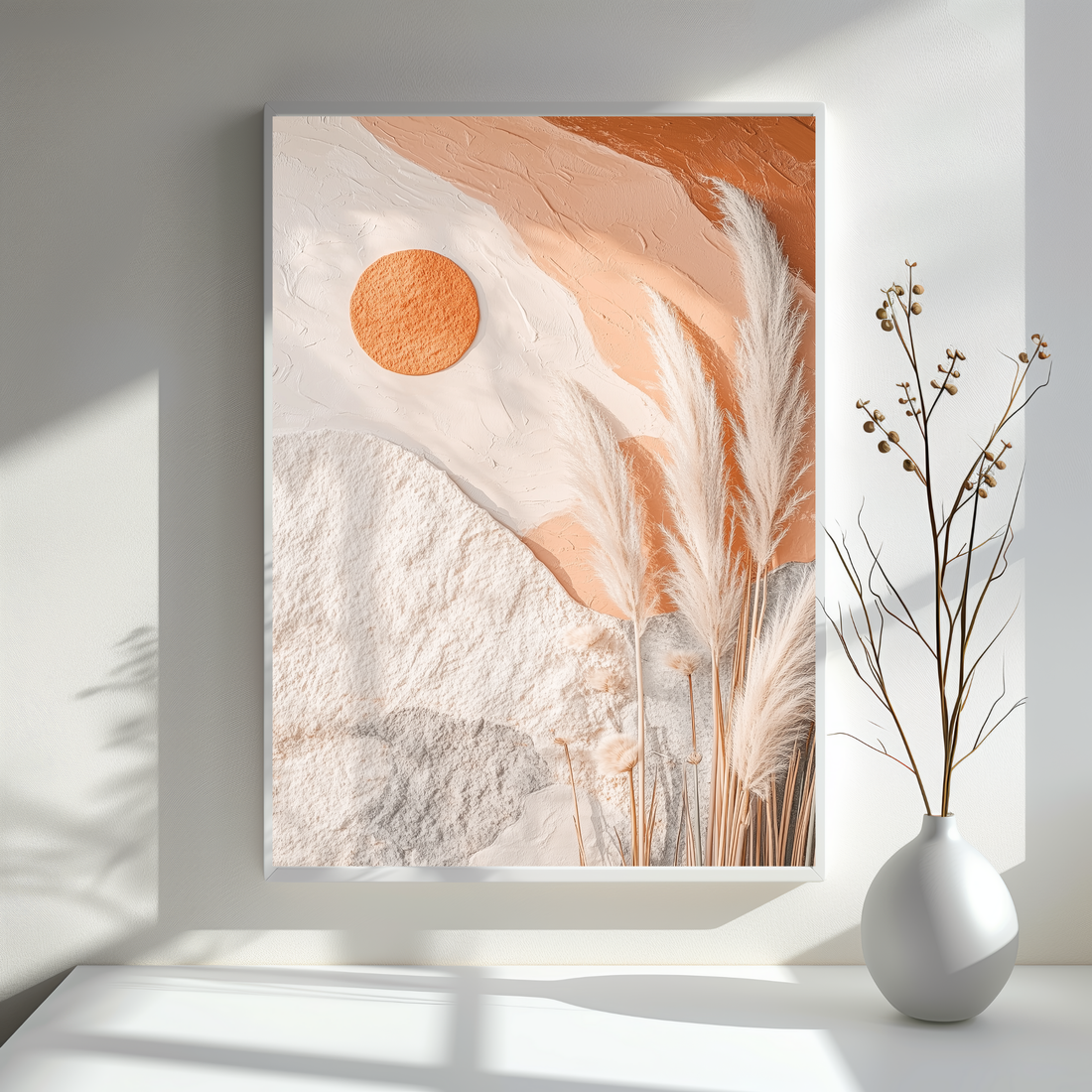 Boho Abstract Landscape Wall Art with Sun and Pampas Grass. High Resolution Digital Download 300 DPI.