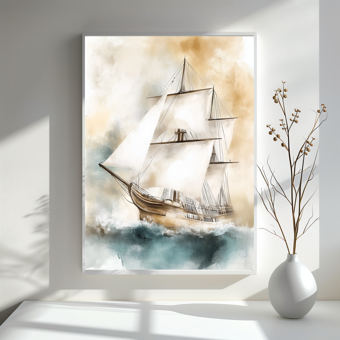 Vintage Sailing Ship Wall Art on Rough Sea Nautical Ocean Scene. High Resolution Digital Download 300 DPI.