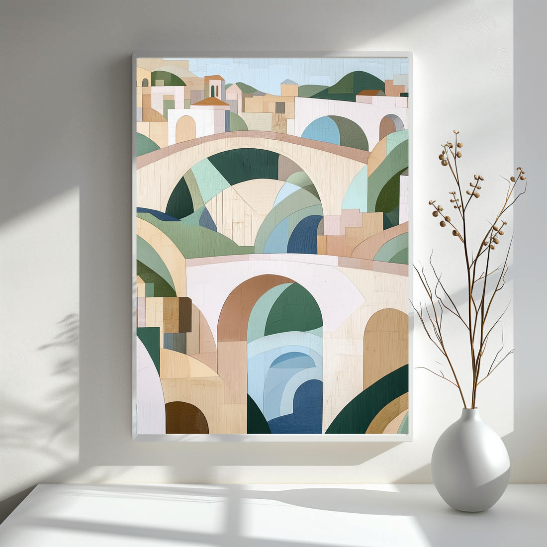 Geometric Wooden Wall Art of Old City in Pastel Tones. High Resolution Digital Download 300 DPI.