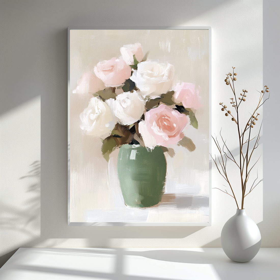 Pastel Pink White Roses Oil Painting Green Vase Minimalist Art. High Resolution Digital Download 300 DPI.
