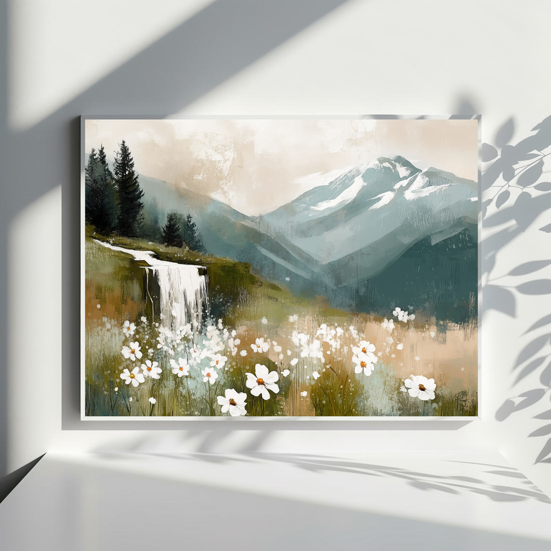 Whimsical Violet Field Wall Art Snow Mountain Waterfall Scenic Sky. High Resolution Digital Download 300 DPI.