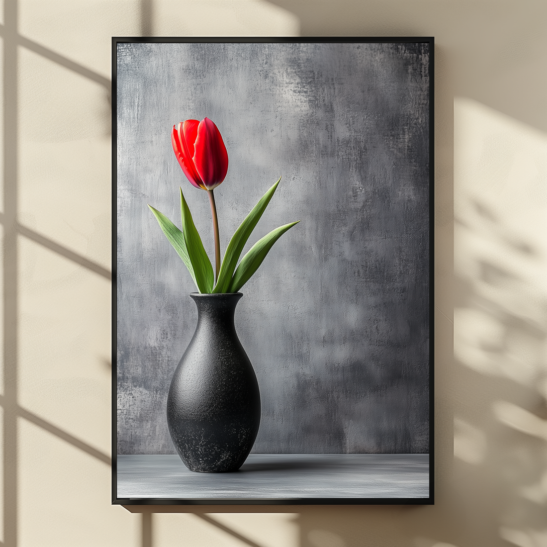 Red Tulip Black Vase Wall Art Dark Gray Concrete Background. High Resolution Digital Download 300 DPI.