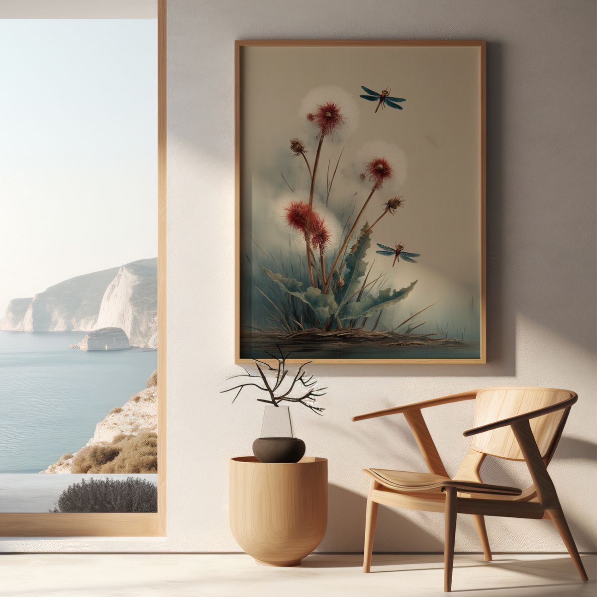 Dragonfly art above a wooden chair by a sea view window