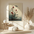 Dragonfly art above a round side table and pouf