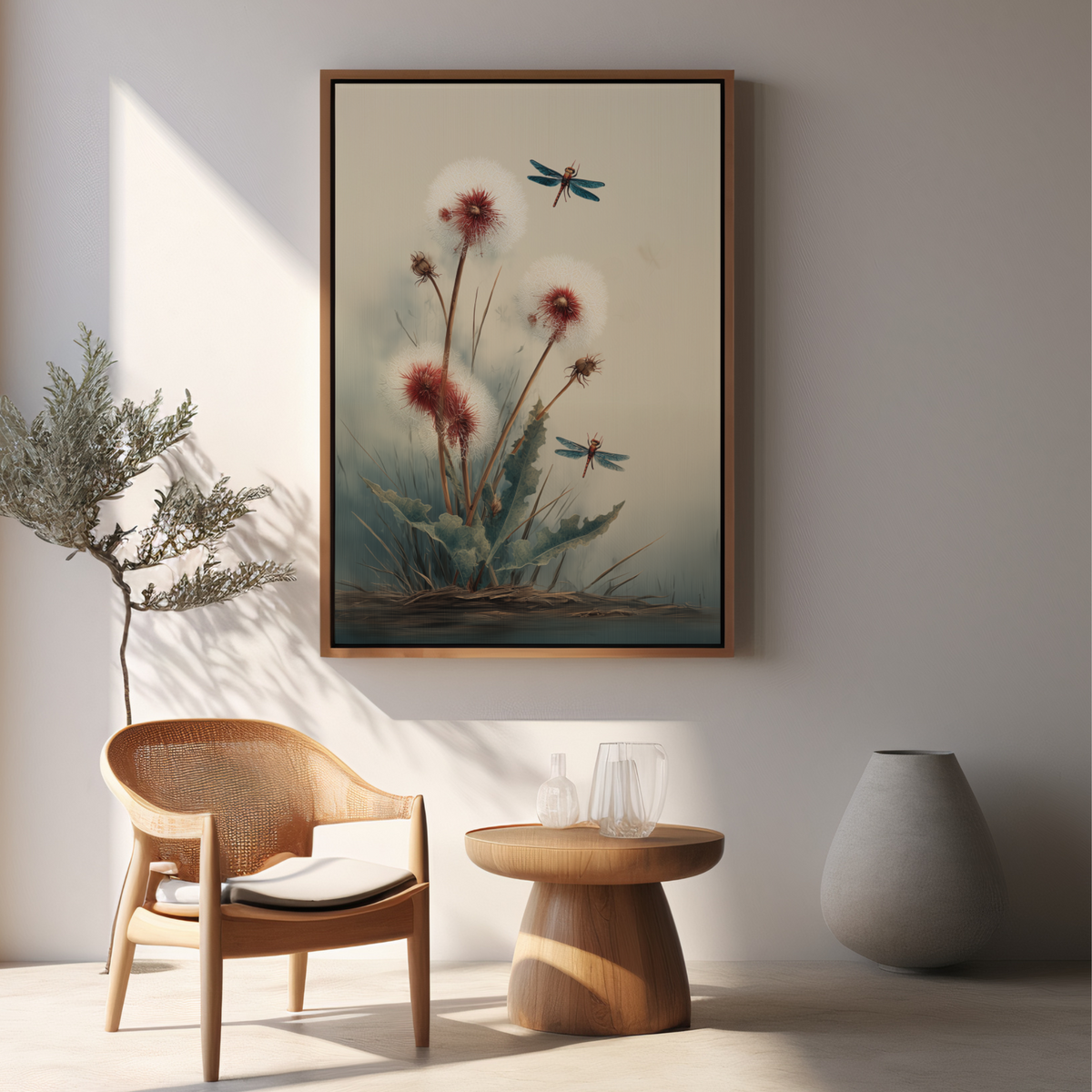 Wildflower dragonfly print above a wooden chair