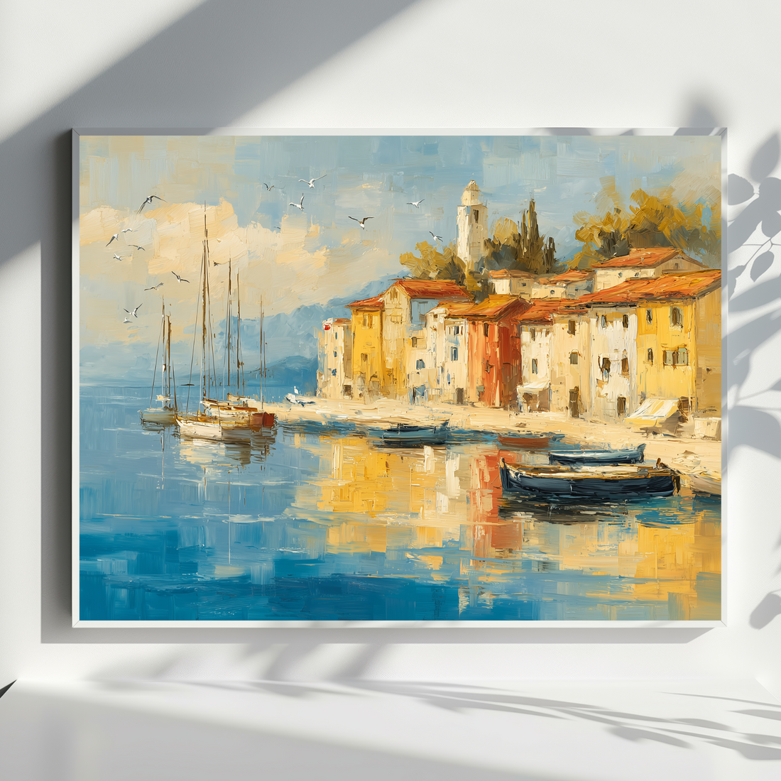 Seaside Village Wall Art Coastal Boats Scenic Tranquil Harbor Painting. High Resolution Digital Download 300 DPI.