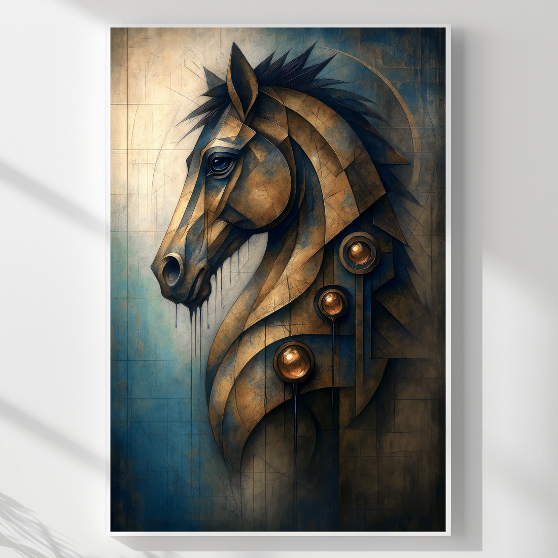 Golden Geometric Horse Steampunk Oil Painting Dark Blue Eyes Art. High Resolution Digital Download 300 DPI.