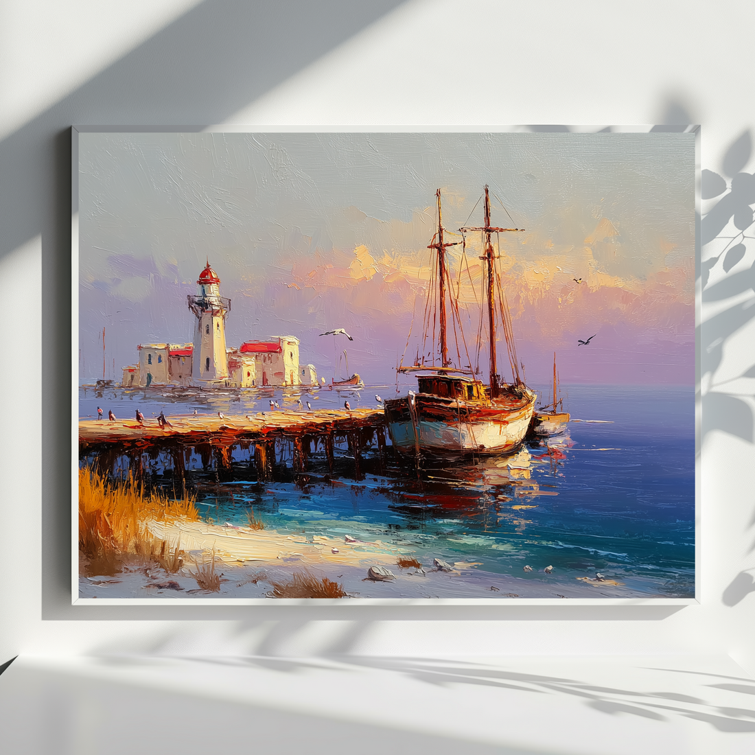 Coastal Harbor Wall Art Sailing Boat Tranquil Morning Watercolor Painting. High Resolution Digital Download 300 DPI.