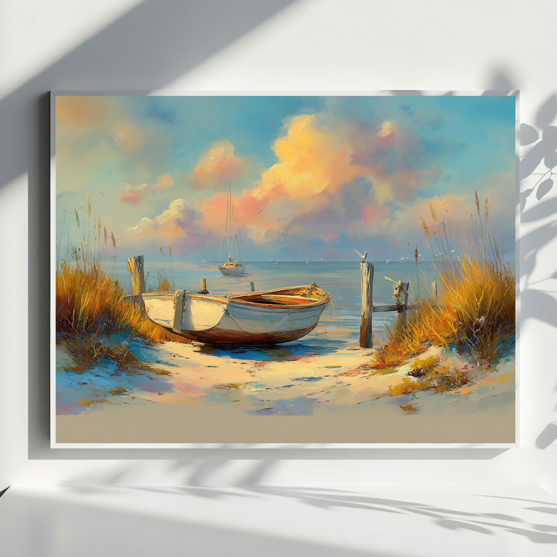 Golden Sunrise Coastal Wall Art Tranquil Boat Beach Landscape Painting. High Resolution Digital Download 300 DPI.