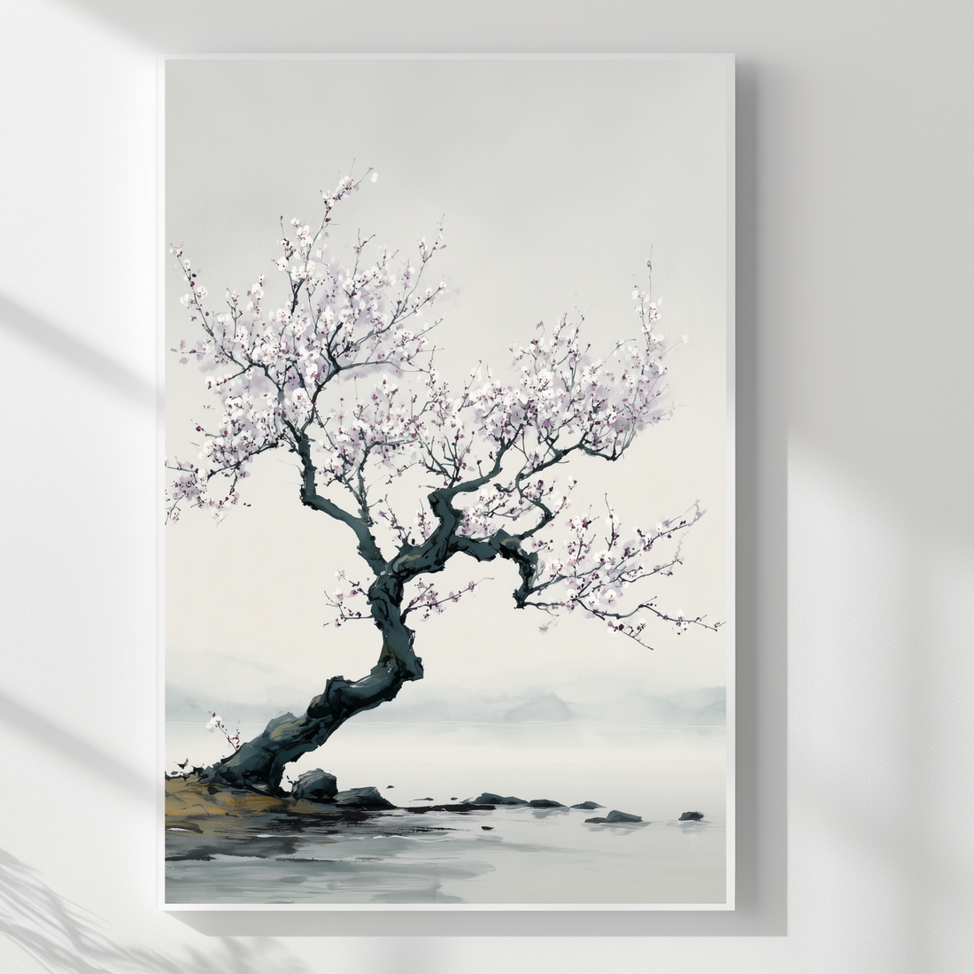 Minimalist Ink Wash Wall Art Apricot Tree Blossoms Serene River. High Resolution Digital Download 300 DPI.