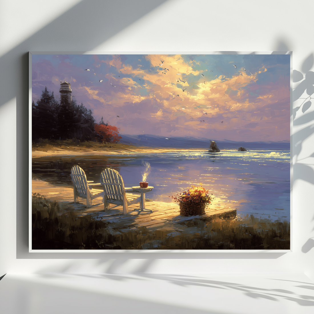 Peaceful Lakefront Canvas Art Cozy Dockside Chairs Scenic Decor. High Resolution Digital Download 300 DPI.