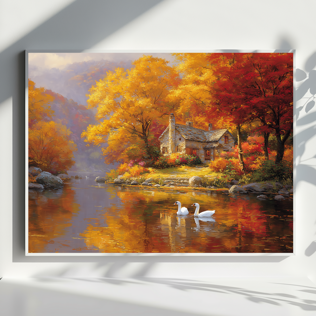 Medieval Riverside Cottage with Swans and Autumn Landscape Oil Artwork. High Resolution Digital Download 300 DPI.