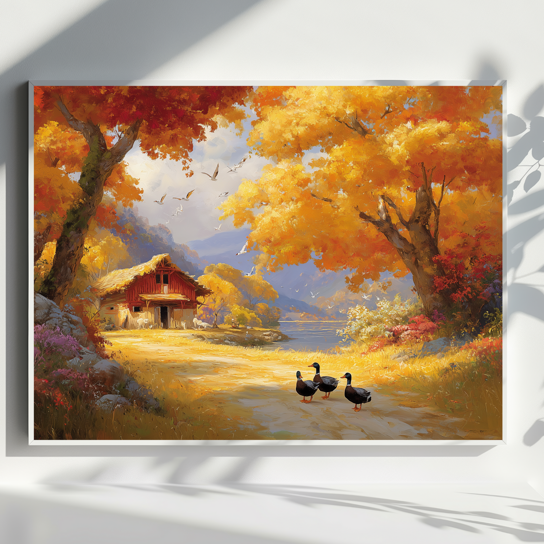Charming Countryside Barn Scene with Ducks and Autumn Foliage Artwork. High Resolution Digital Download 300 DPI.
