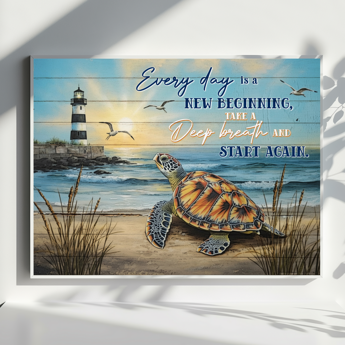 Sea Turtle Wall Art with Ocean Lighthouse and Inspirational Quotes. High Resolution Digital Download 300 DPI.