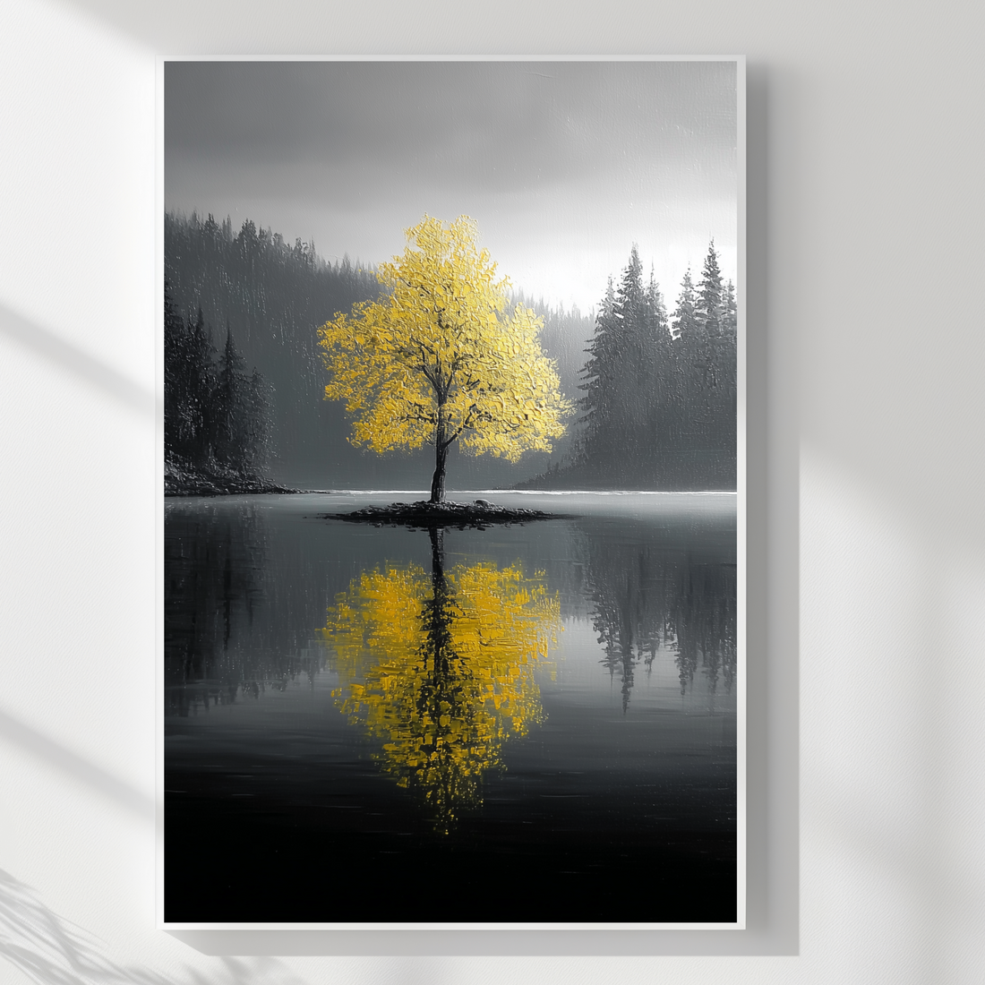 Minimalist Oil Painting Tree in Lake Black and White Reflection Art. High Resolution Digital Download 300 DPI.