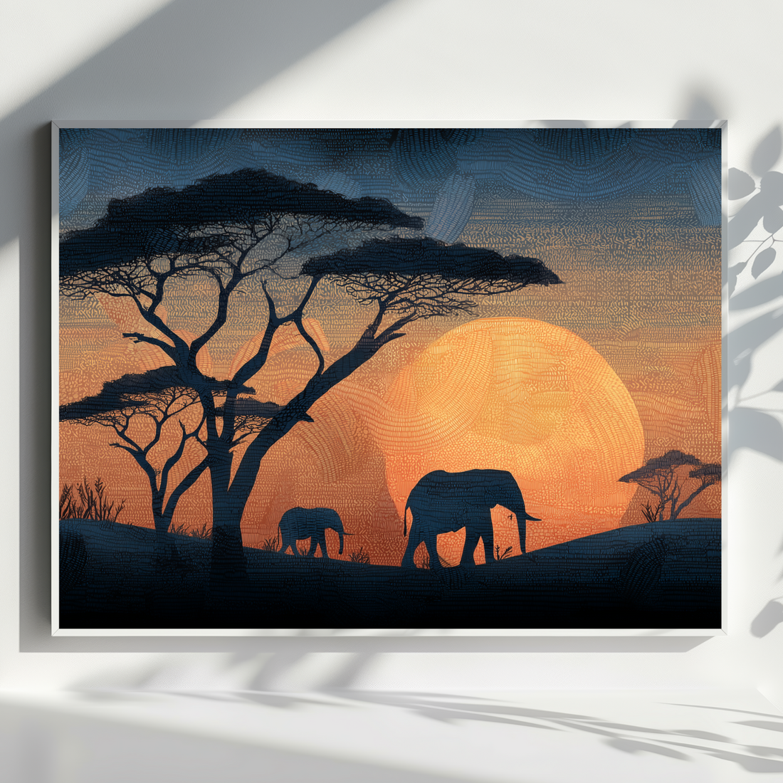 Golden Savannah Evening Wildlife Landscape with Elephants and Acacia Trees. High Resolution Digital Download 300 DPI.