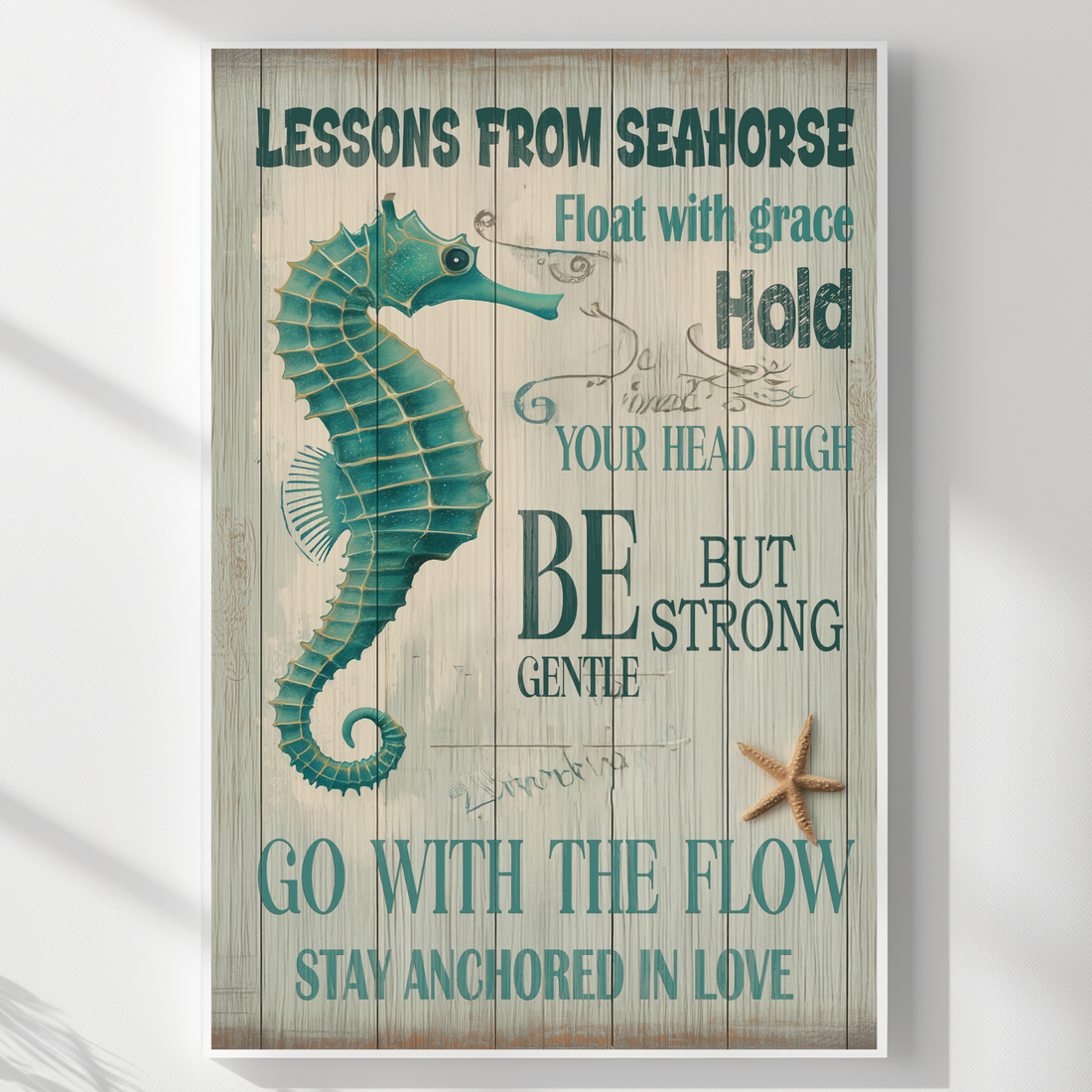 Colorful Rustic Seahorse Typography Art Wall Decor for Coastal Homes. High Resolution Digital Download 300 DPI.