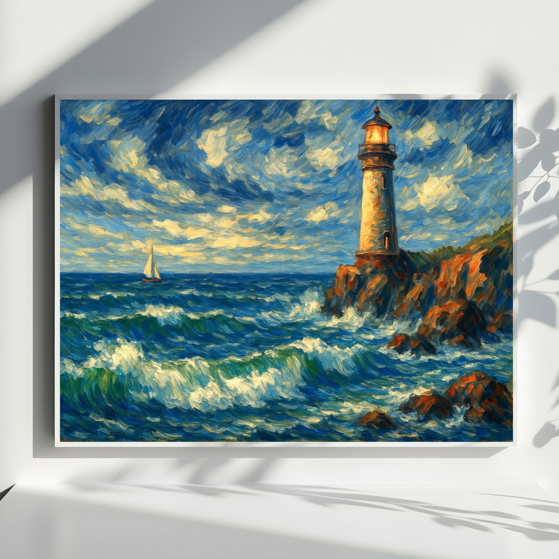 Seaside Beacon Canvas Art Nautical Shoreline Sailboat Ocean View. High Resolution Digital Download 300 DPI.