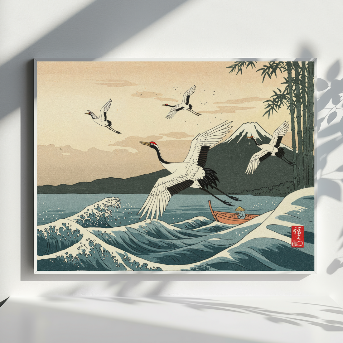 Elegant Asian Wall Art Flying Birds Mountain Sea Canvas Decor. High Resolution Digital Download 300 DPI.