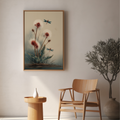 Dragonfly art above a wooden chair and side table