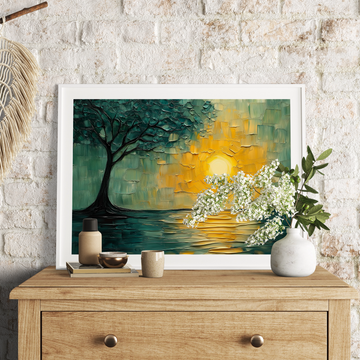 Tranquil Twilight: 3D Textured Abstract Landscape with Lush Tree Reflection. High Resolution Digital Download 300 DPI