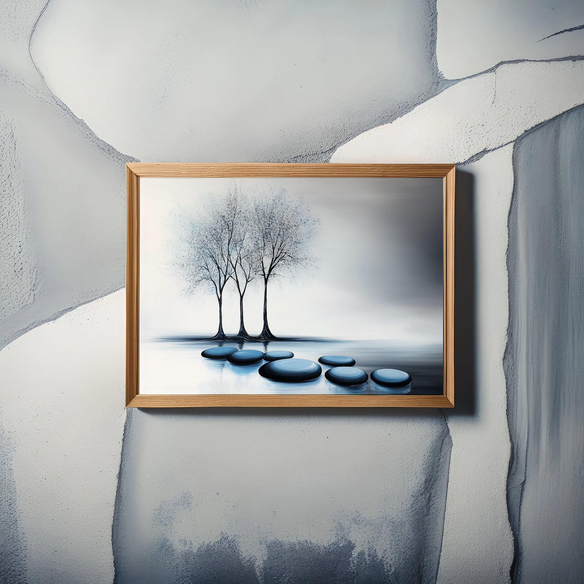 Serene Abstract Landscape: Elegant Trees and Blue Stones in Monochrome Harmony. High Resolution Digital Download 300 DPI