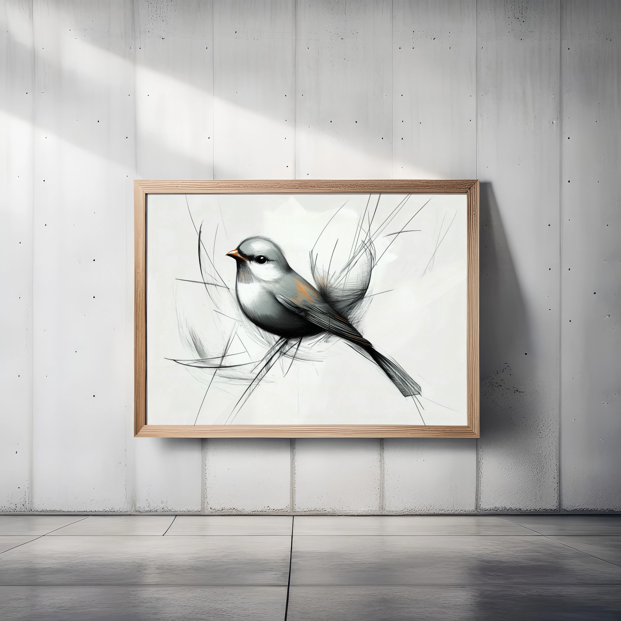 Charming Songbird: Gray Bird with Red Beak on Abstract Brushwork Background. High Resolution Digital Download 300 DPI
