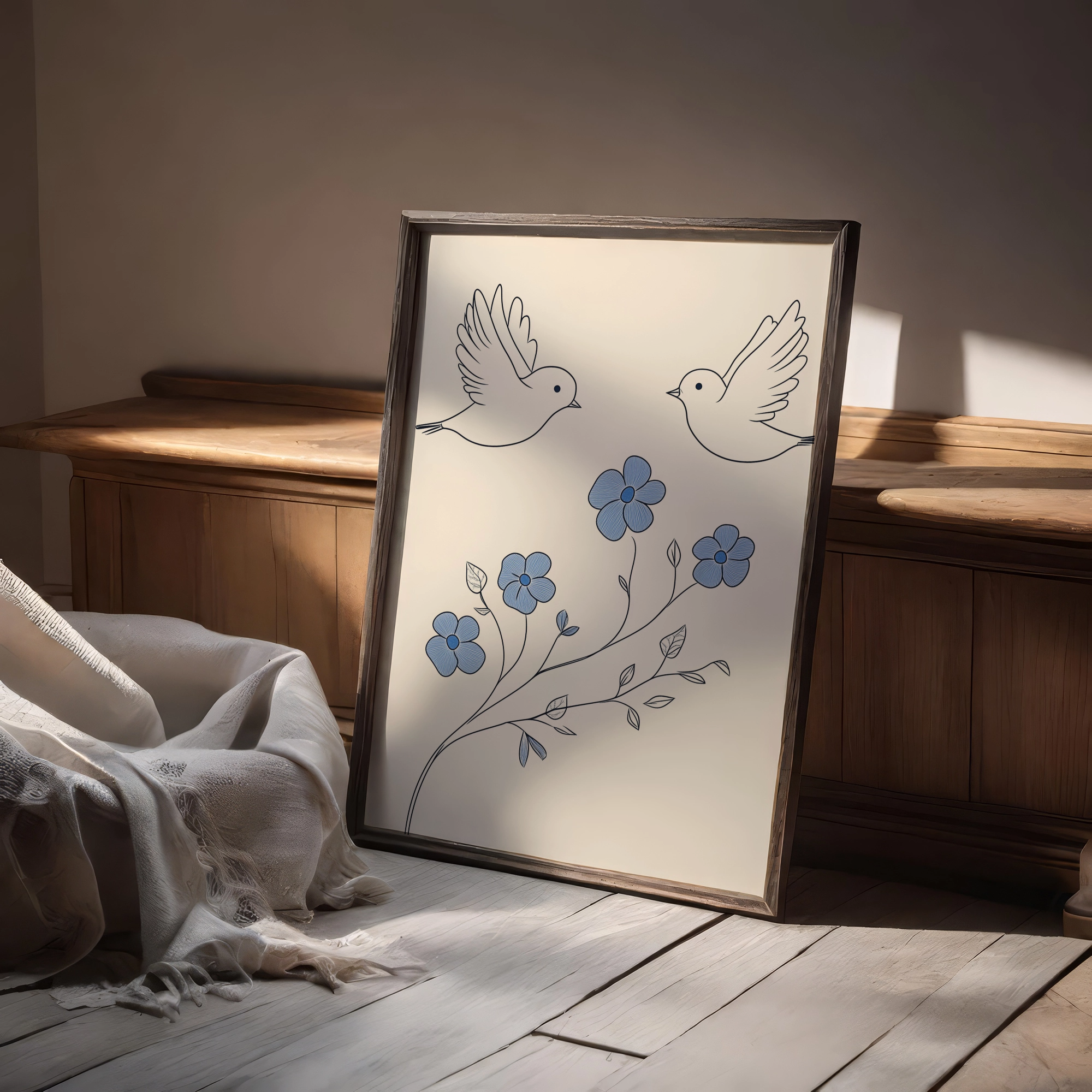 Elegant Flight: Minimalist Blue Birds and Flowers on Soft Beige Canvas. High Resolution Digital Download 300 DPI