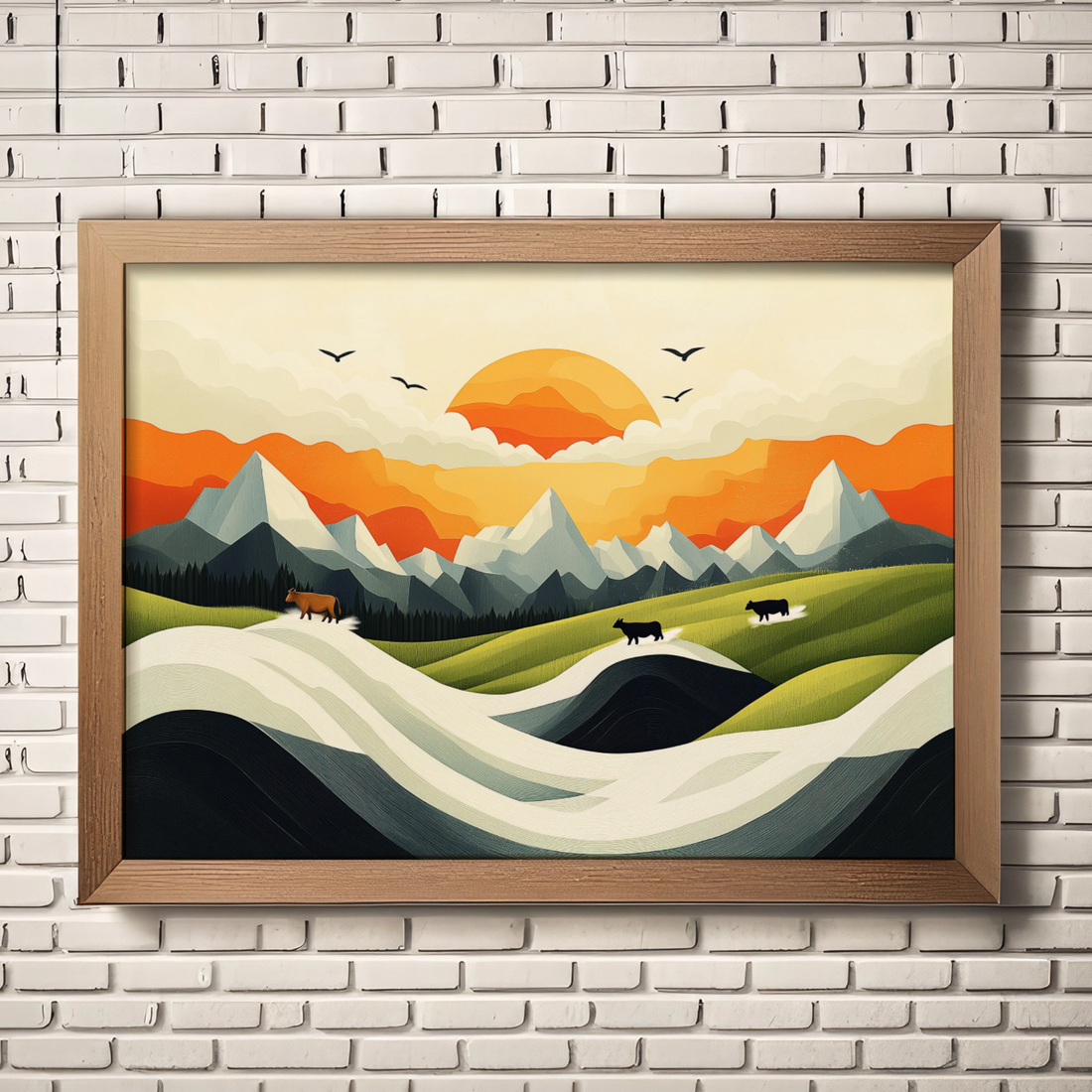 Sunset Serenity: Minimalist Landscape with Cows, Hills, and Snow-Capped Mountains. High Resolution Digital Download 300 DPI
