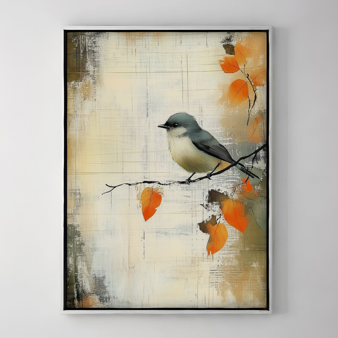 Whimsical Watercolor: Gray Bird on Branch with Orange Leaves and Vintage Paper Texture. High Resolution Digital Download 300 DPI