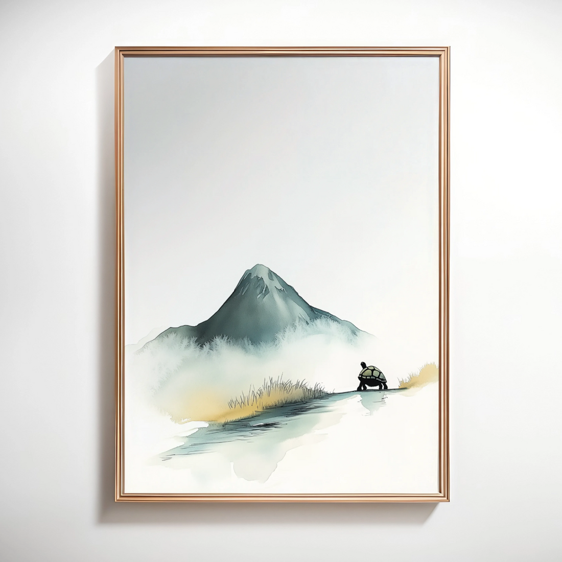Serene Minimalist Ink Painting: Gentle Mountain Peak and Turtle in Autumn Hues. High Resolution Digital Download 300 DPI