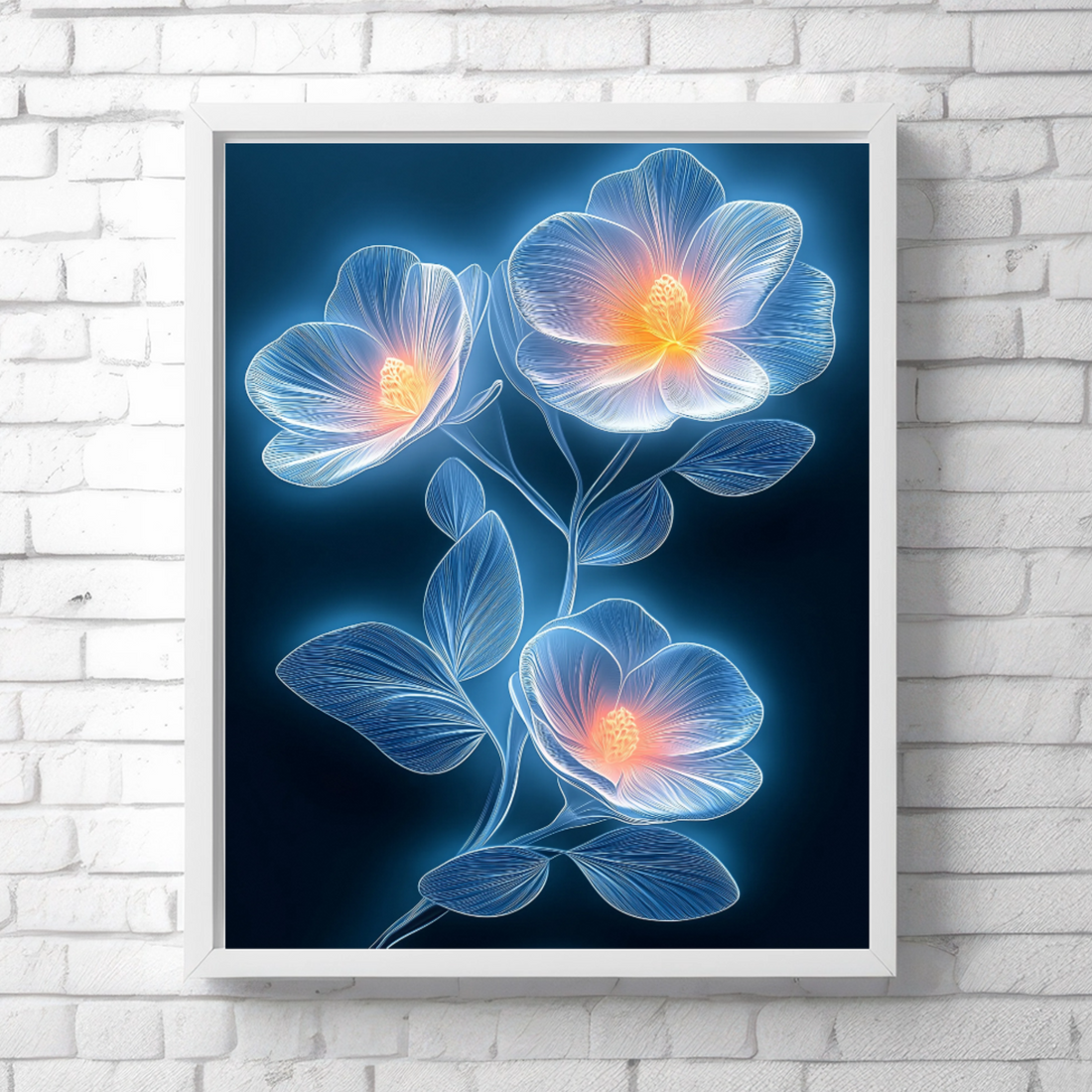 Luminous Floral Elegance: Ethereal Blue and White Blooms in Dramatic Contrast. High Resolution Digital Download 300 DPI