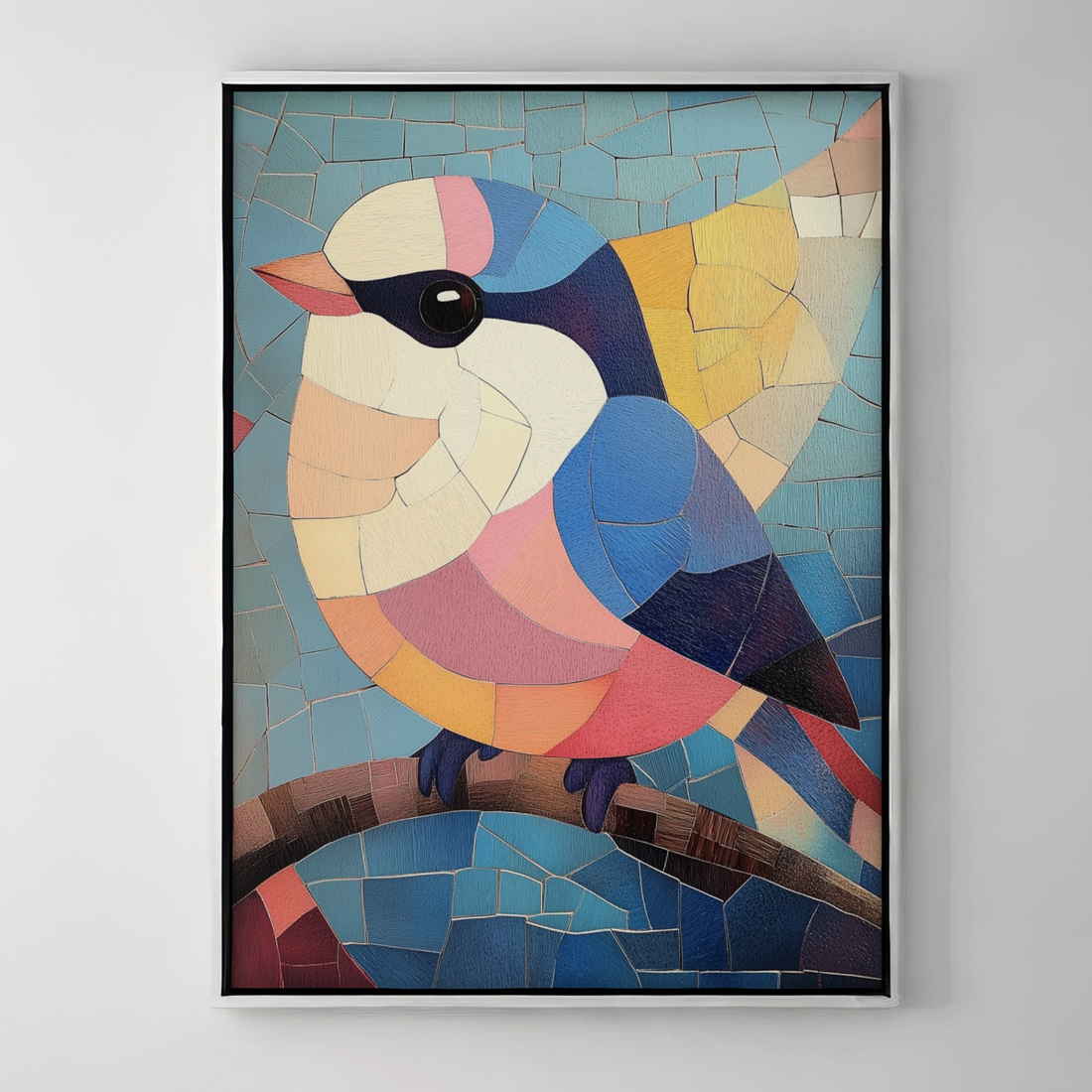 Ethereal Chickadee: Soft Mosaic Art in Delicate Pastel Palette. High Resolution Digital Download 300 DPI