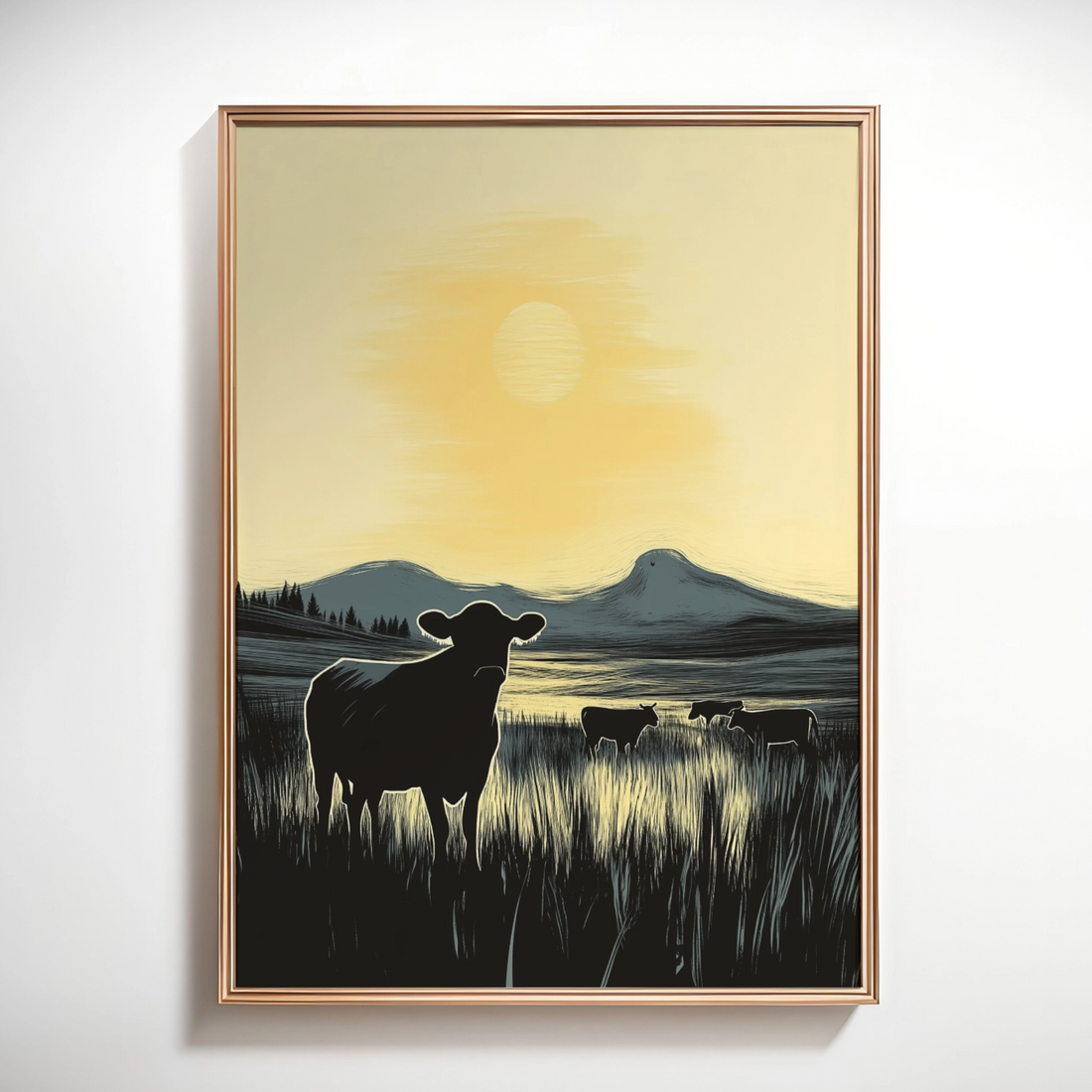 Sunset Silhouettes: Minimalist Western Line Art of Roaming Cattle. High Resolution Digital Download 300 DPI