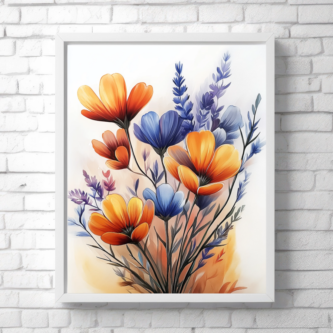 Wild Bloom Symphony: Vibrant Orange and Blue Flowers in Pure Elegance. High Resolution Digital Download 300 DPI