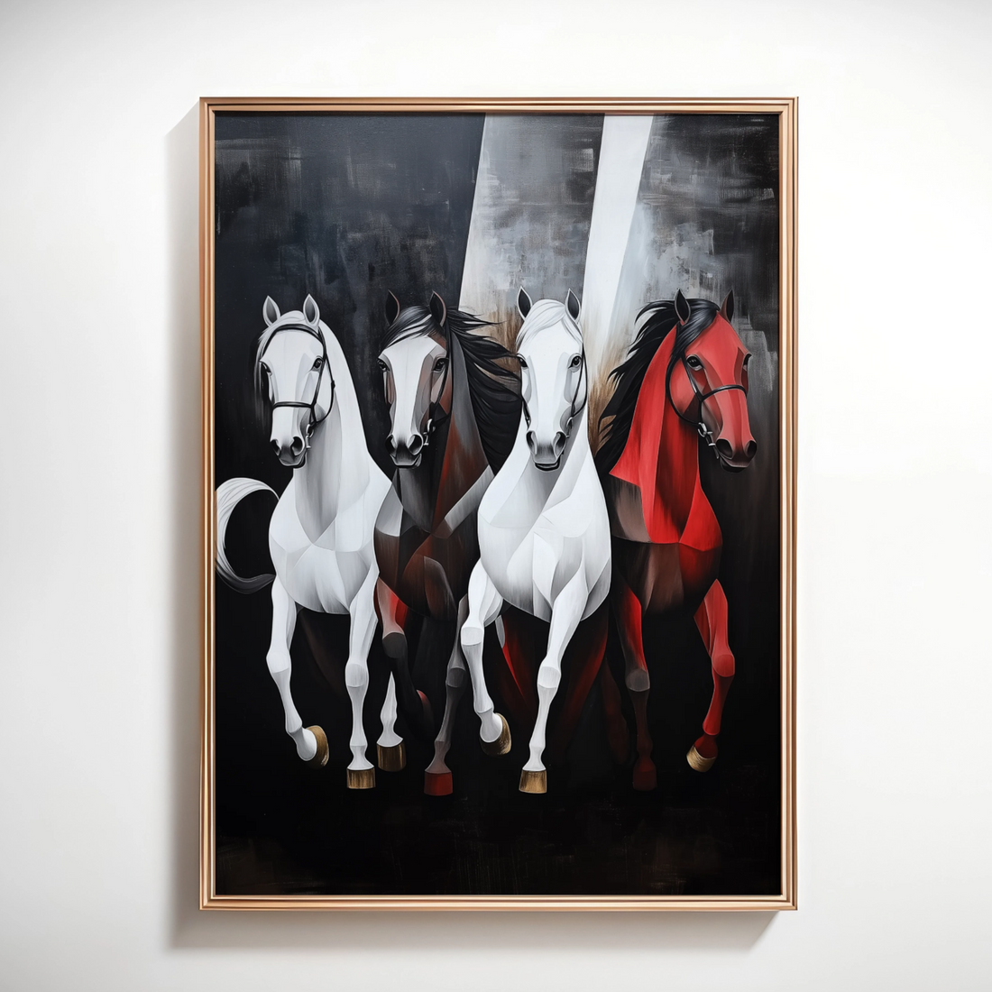 Dynamic Gallop: Four White Horses and One Red Horse Against Dark Canvas. High Resolution Digital Download 300 DPI