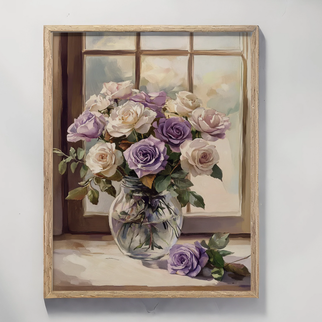 Romantic Floral Elegance: Purple and White Roses Illuminated by Soft Window Light. High Resolution Digital Download 300 DPI