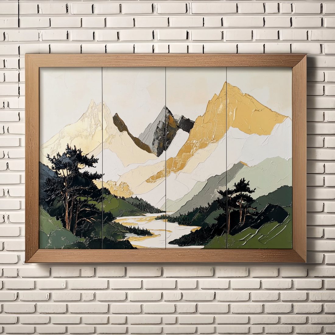 Geometric Wilderness: Stylized Mountains and Winding River in Forested Landscape. High Resolution Digital Download 300 DPI