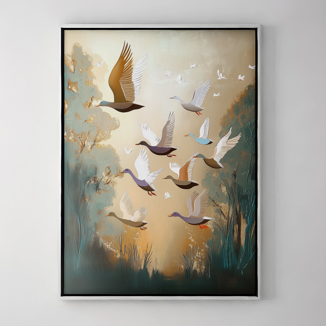 Joyful Flight: Dynamic Painting of a Flock of Ducks in Vibrant Colors. High Resolution Digital Download 300 DPI